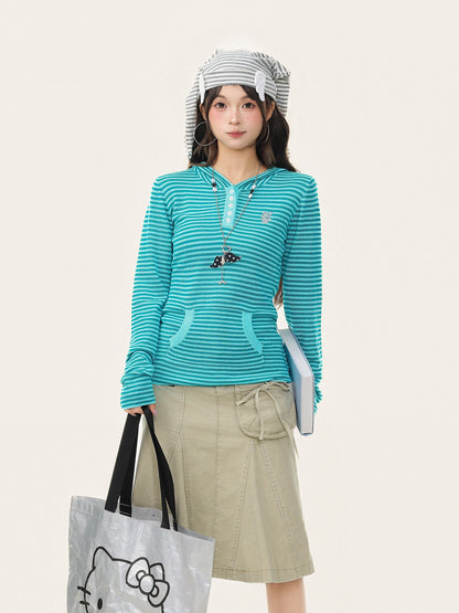 Vintage Striped Hooded Long Sleeve Slim Top　X3663