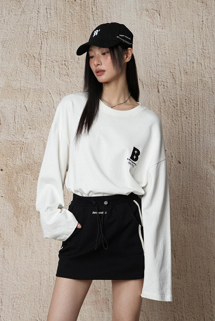 Cotton base round neck long-sleeved loose T-shirt X3061