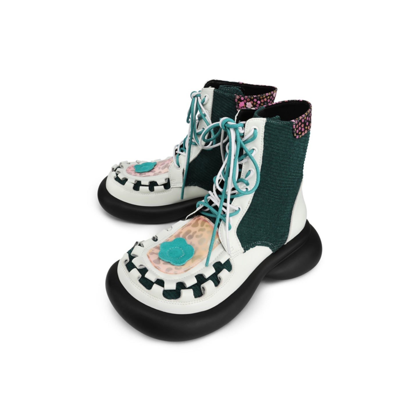 Colorblock Chunky Platform Lace-Up Mid Boots　X3483