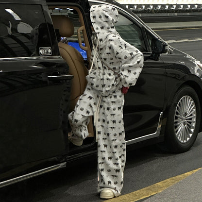 Cow Print Hoodie and Wide Leg Pants Set　X3665