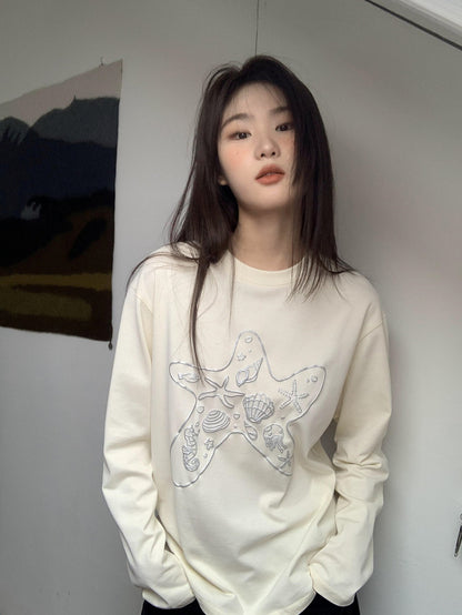 Loose Marine Print Long Sleeve T-Shirt X3138