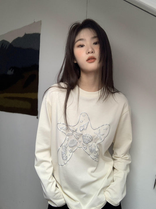 Loose Marine Print Long Sleeve T-Shirt　X3138