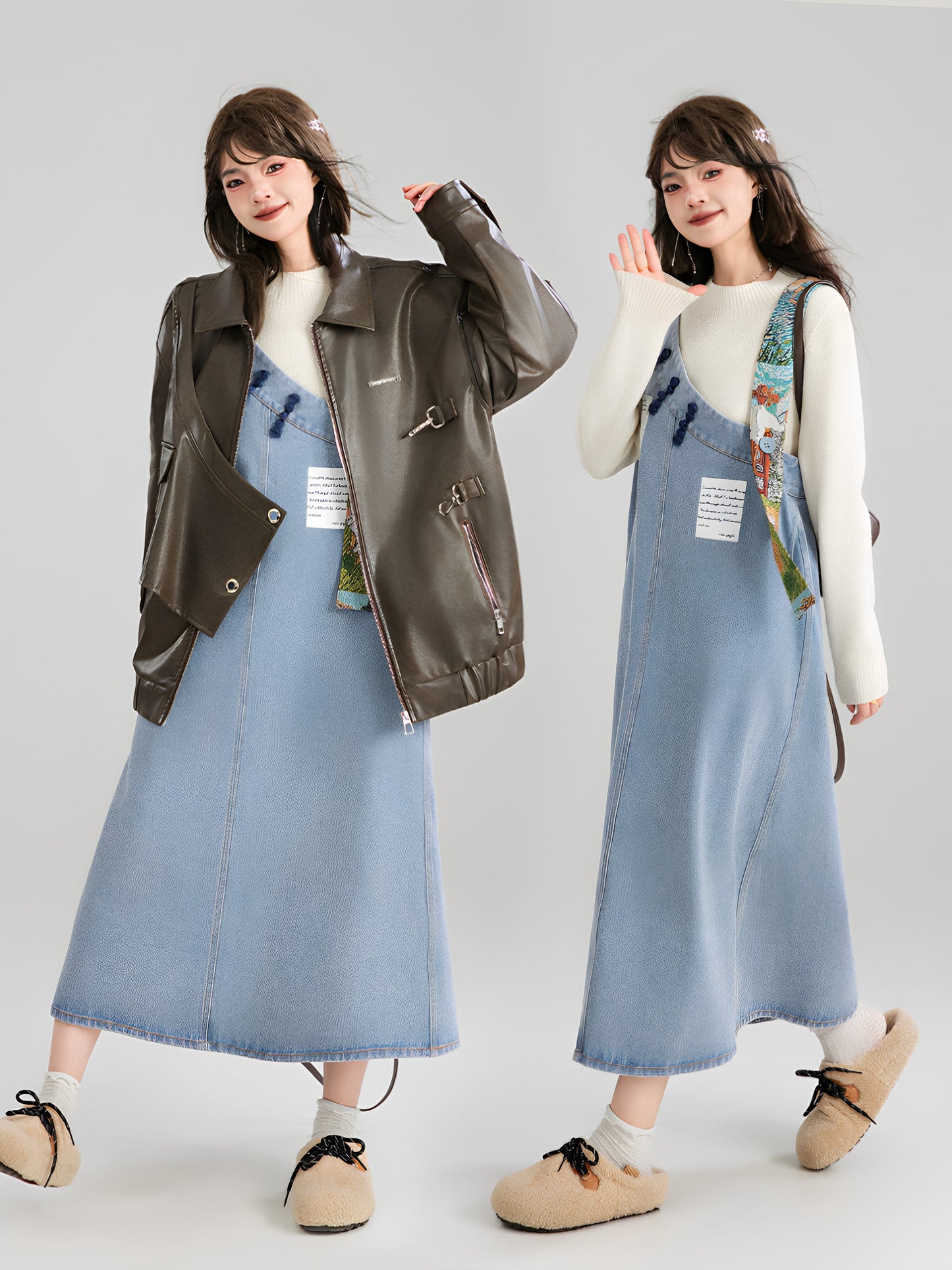 Art Print Denim Jumper Dress X3671