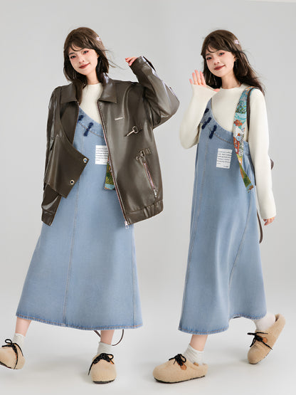 Art Print Denim Jumper Dress X3671