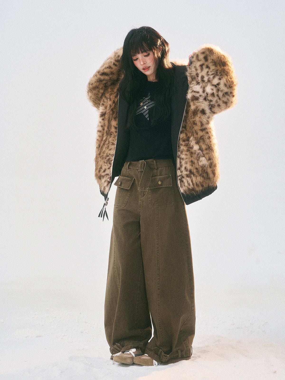 Reversible Leopard Faux Fur Ear Hood Jacket　X3725