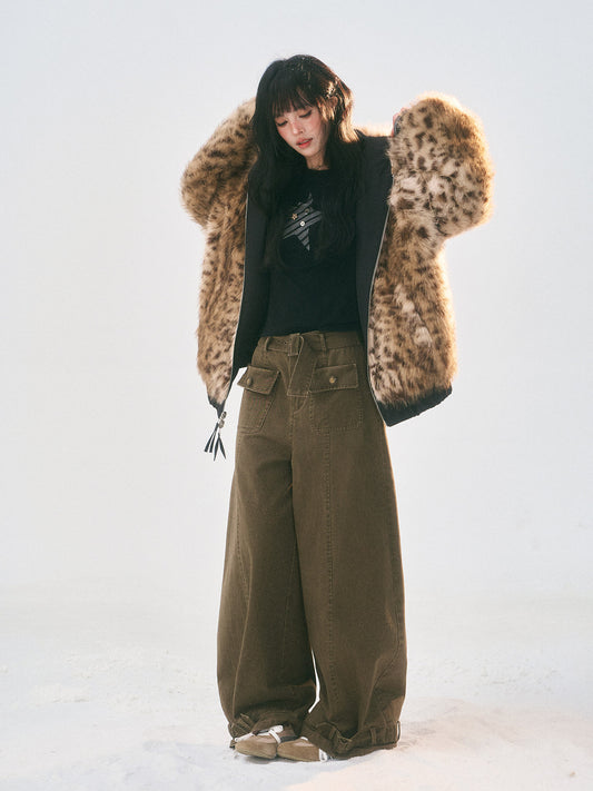 Reversible Leopard Faux Fur Ear Hood Jacket　X3725