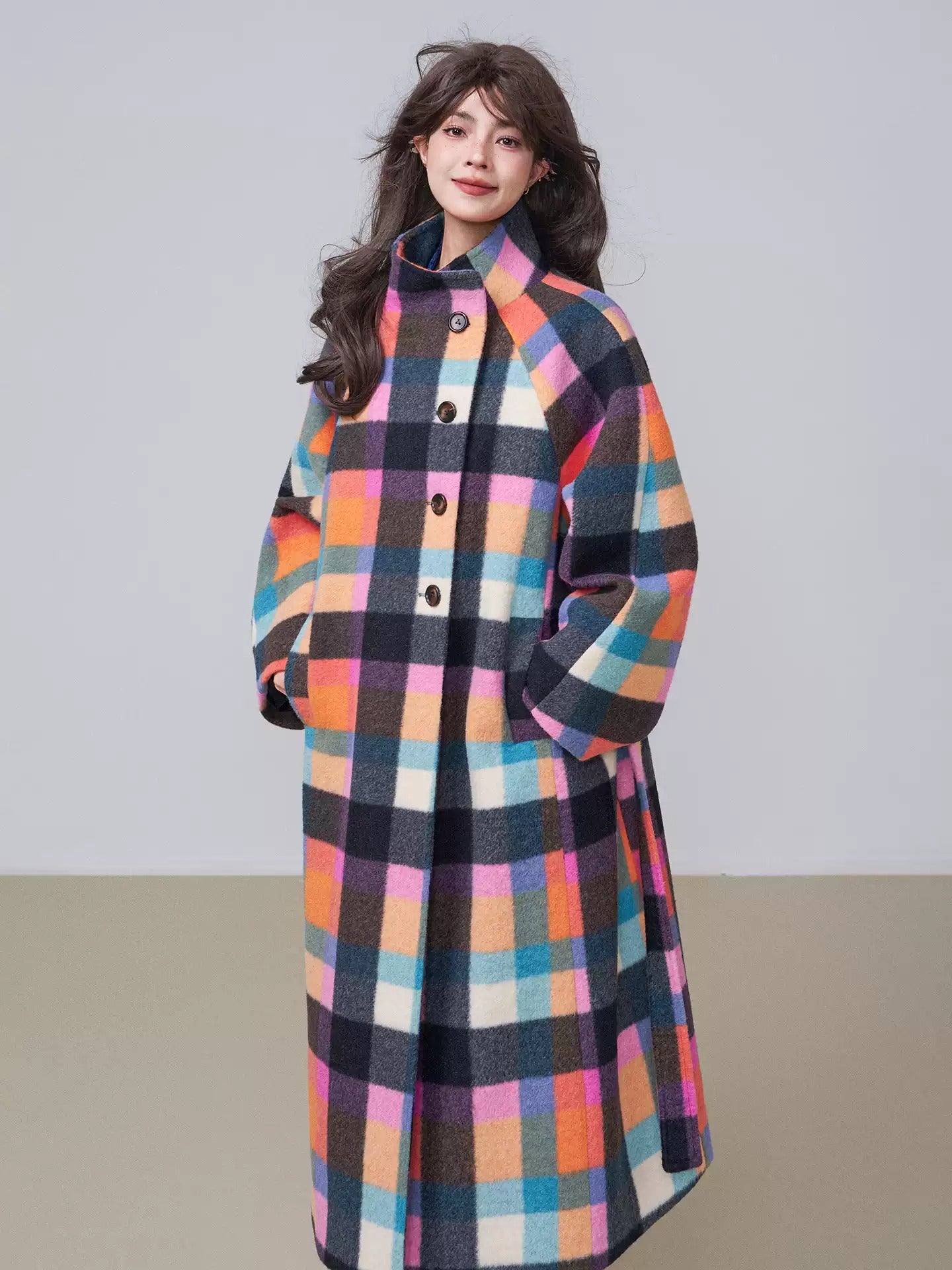 韓版格紋羊毛大衣 X3449