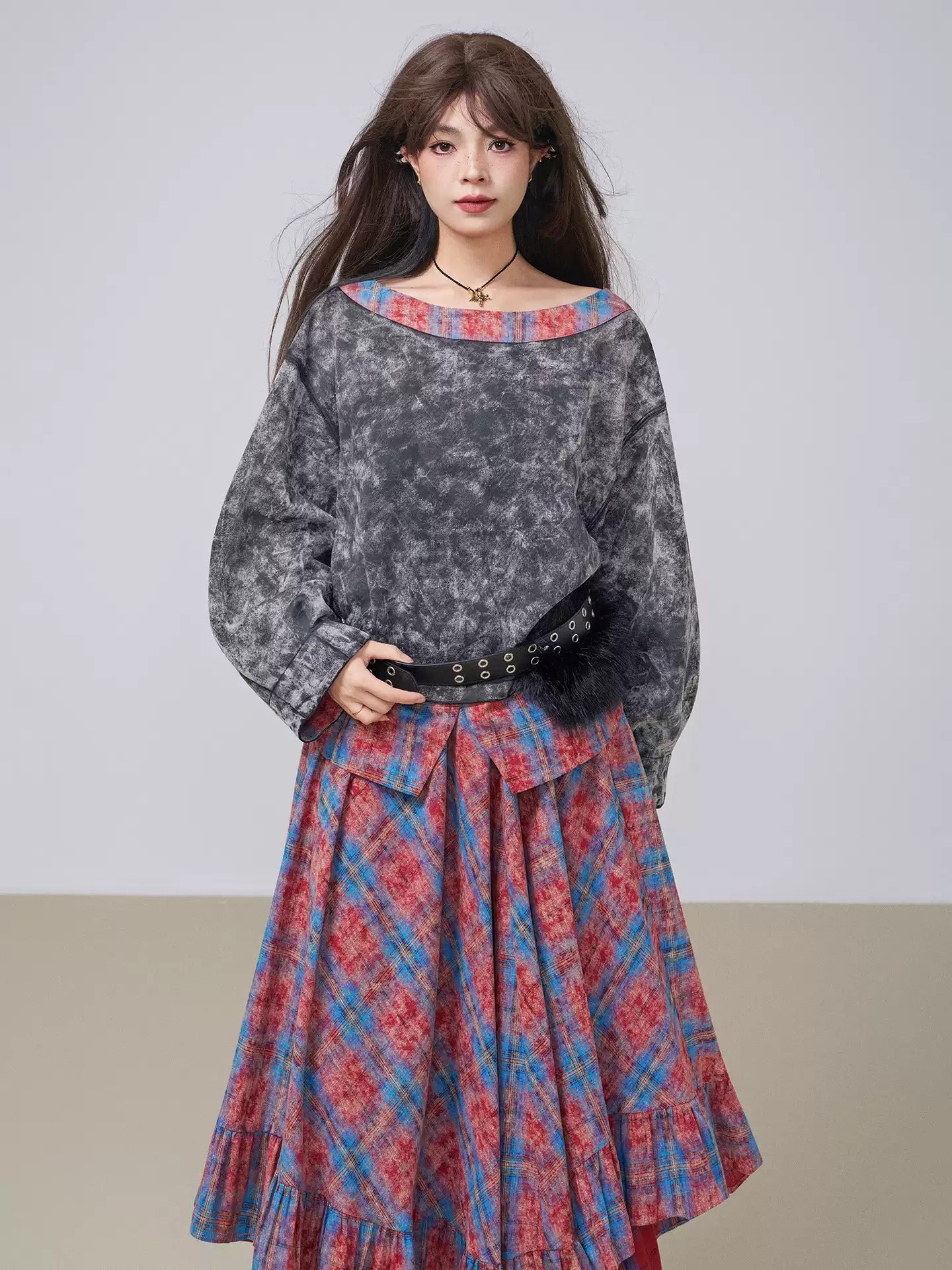 Washed Patchwork Boat-Neck Top X3454