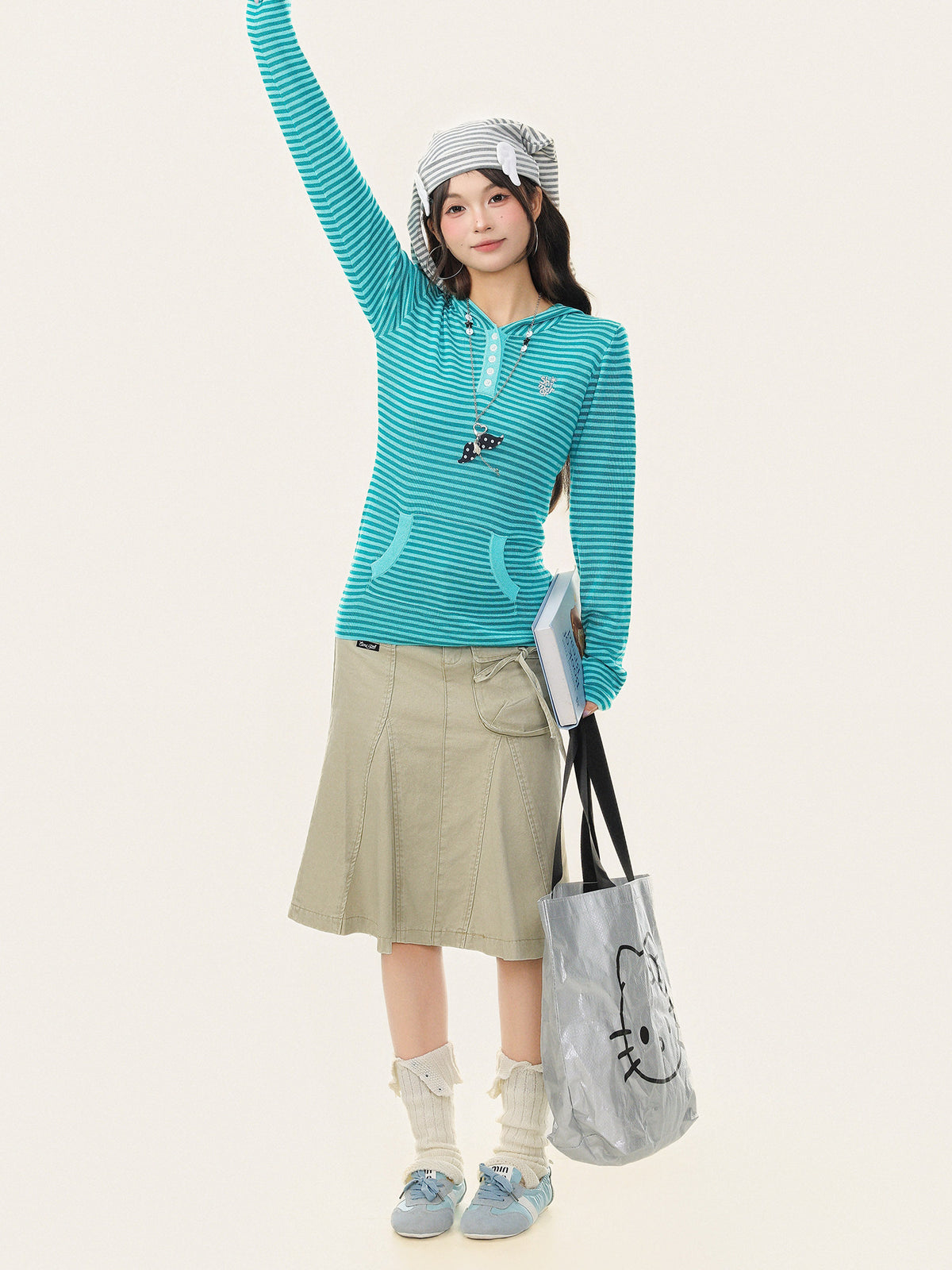 Vintage Striped Hooded Long Sleeve Slim Top　X3663