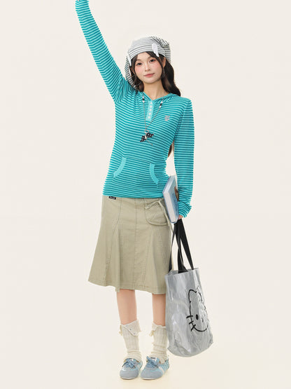 Vintage Striped Hooded Long Sleeve Slim Top　X3663