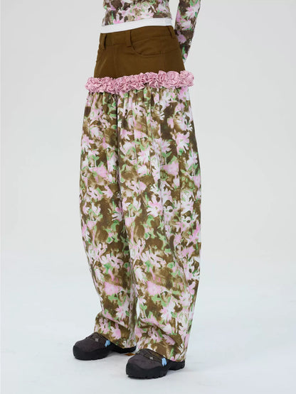 Printed & Check Patchwork Curved Pants with Ruffle Detail　X3507