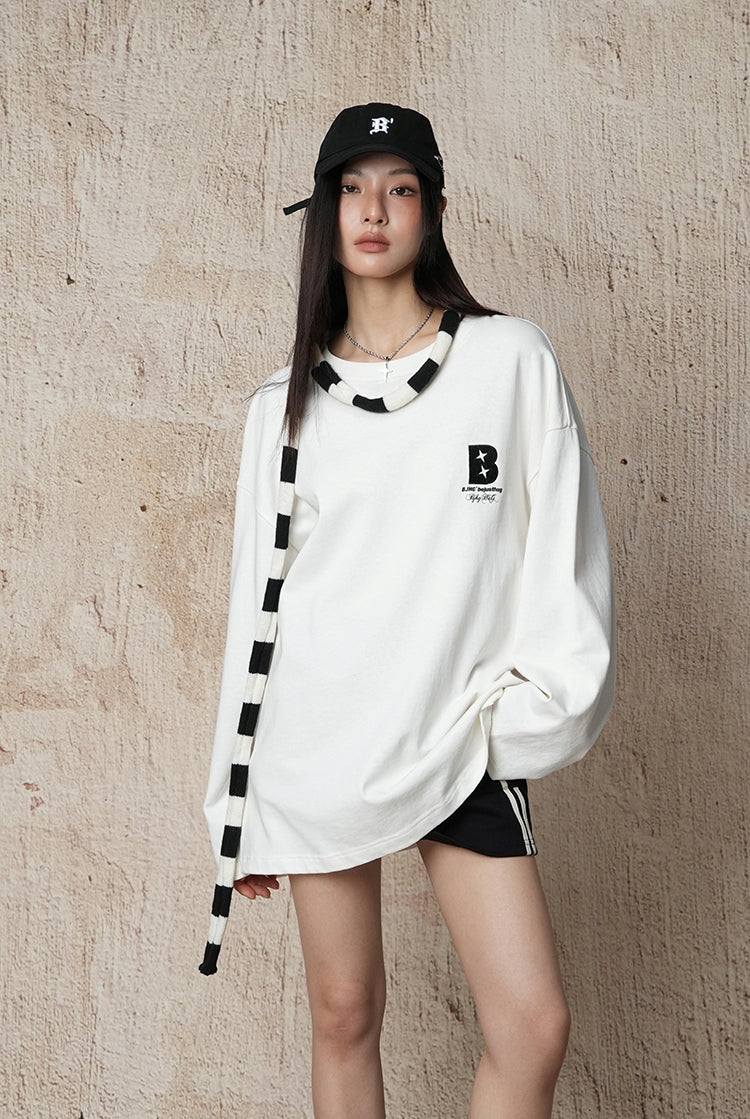 Cotton base round neck long-sleeved loose T-shirt X3061