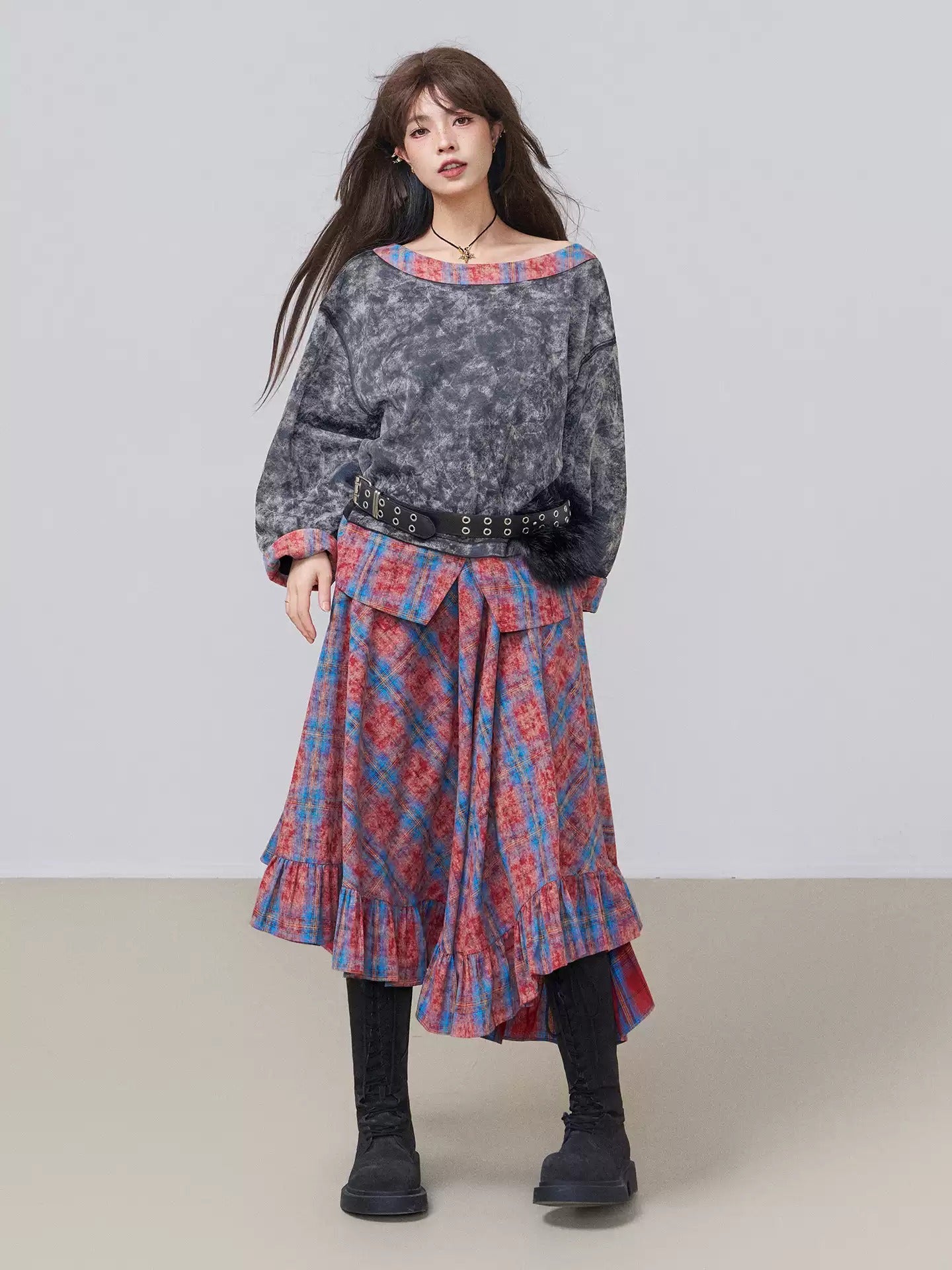 Washed Patchwork Boat-Neck Top X3454