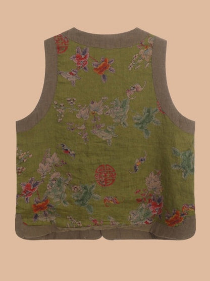 Flower print china style button vest X3098