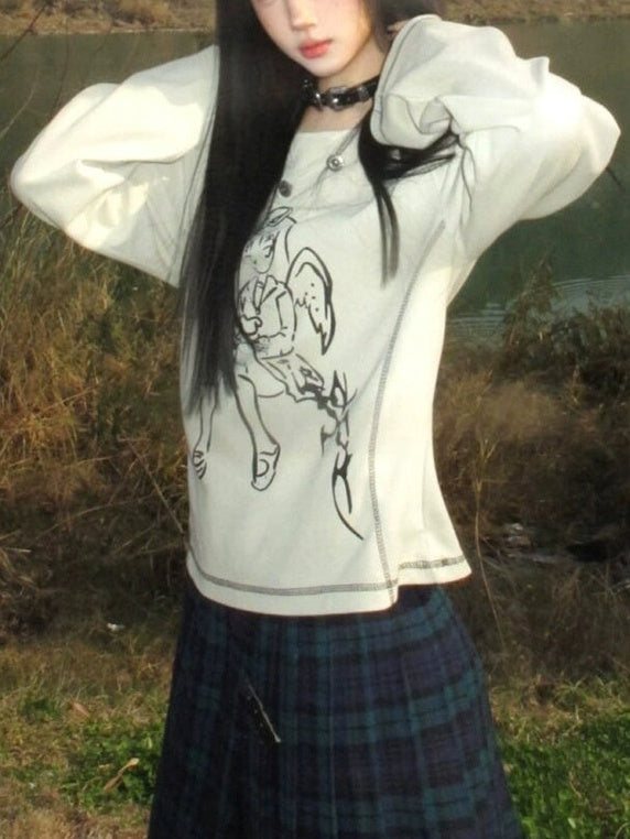 Topstitched angel print long sleeve T-shirt X3203