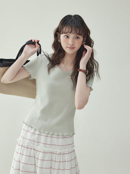 Cotton Jacquard Frill-Sleeve Short Tee　X3233