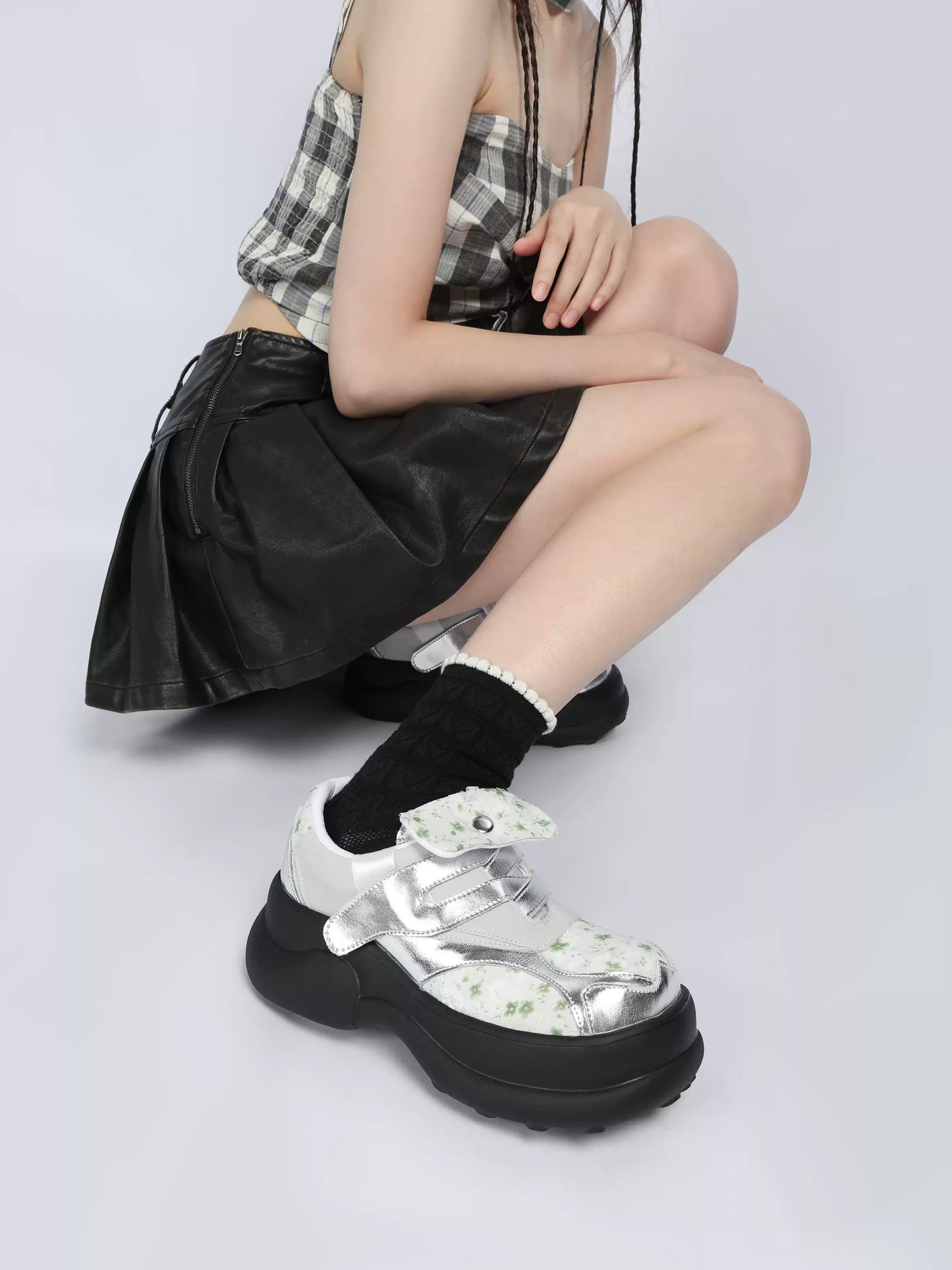 Floral Print & Silver Chunky Platform Velcro Shoes　X3478