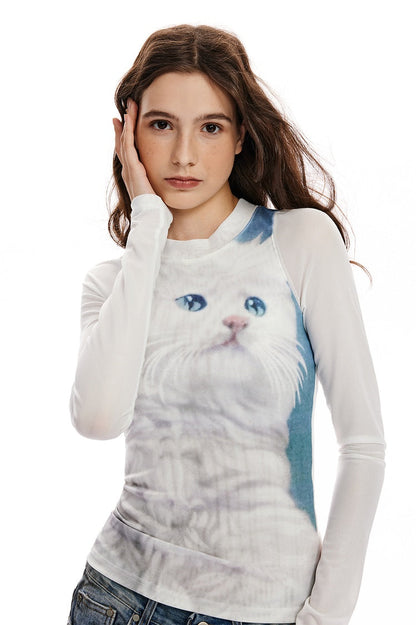 Cat print slim fit crew neck long sleeve T-shirt X3052