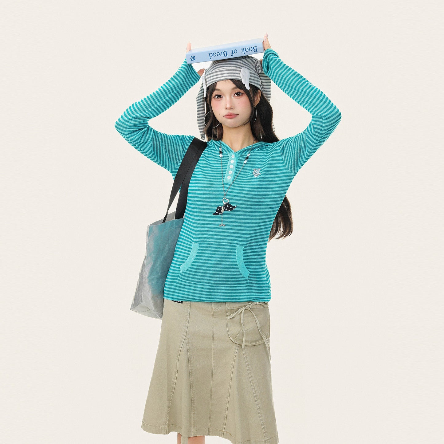 Vintage Striped Hooded Long Sleeve Slim Top　X3663