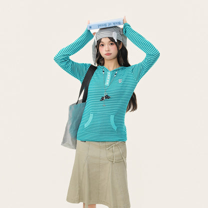 Vintage Striped Hooded Long Sleeve Slim Top　X3663