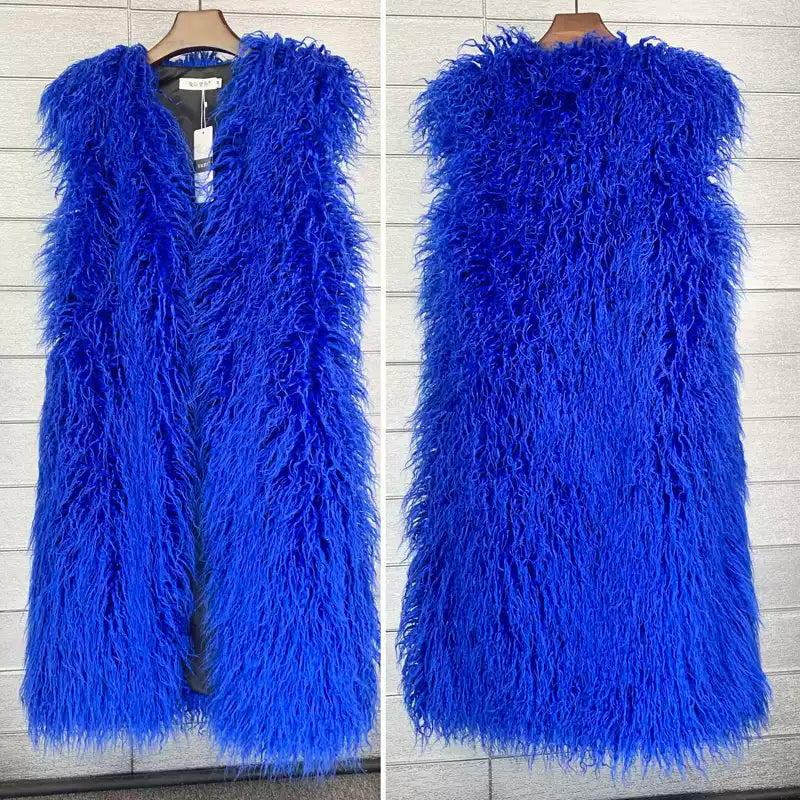 Round neck faux fur long vest jacket X2857