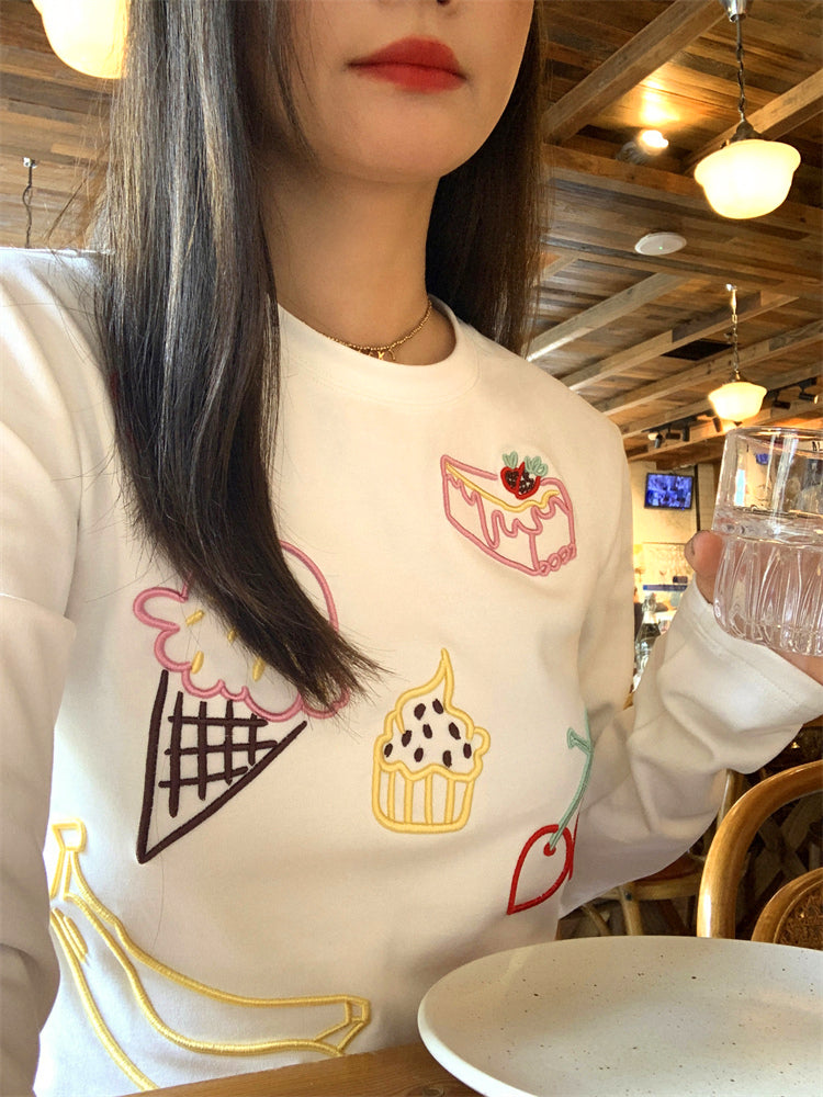 Sweets embroidered design long sleeve t-shirt X3199