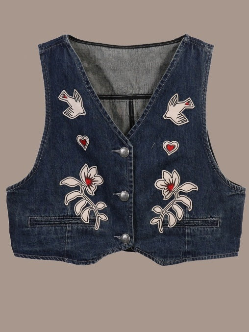 V-neck cropped denim vest jacket X3201