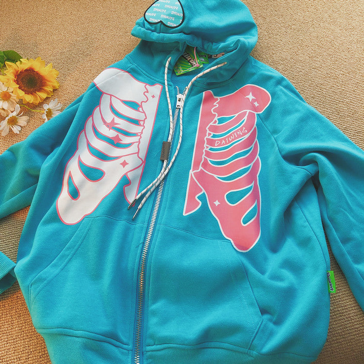 Skeleton Print Zip-Up Hoodie　X3727