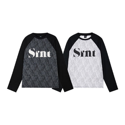 Lace stitching raglan long sleeve T-shirt X3126