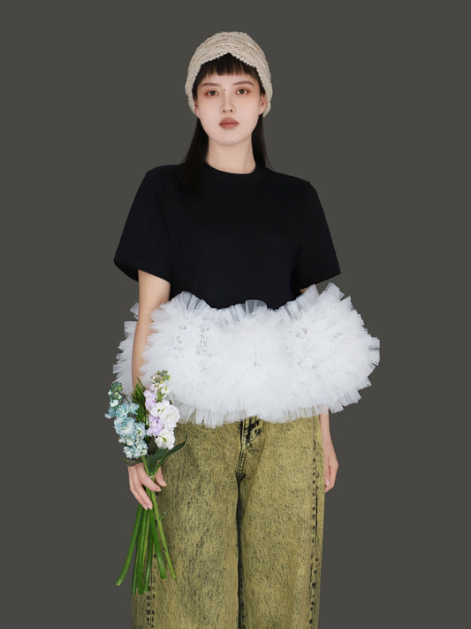 Mesh Puff  hem T-Shirt　X3238
