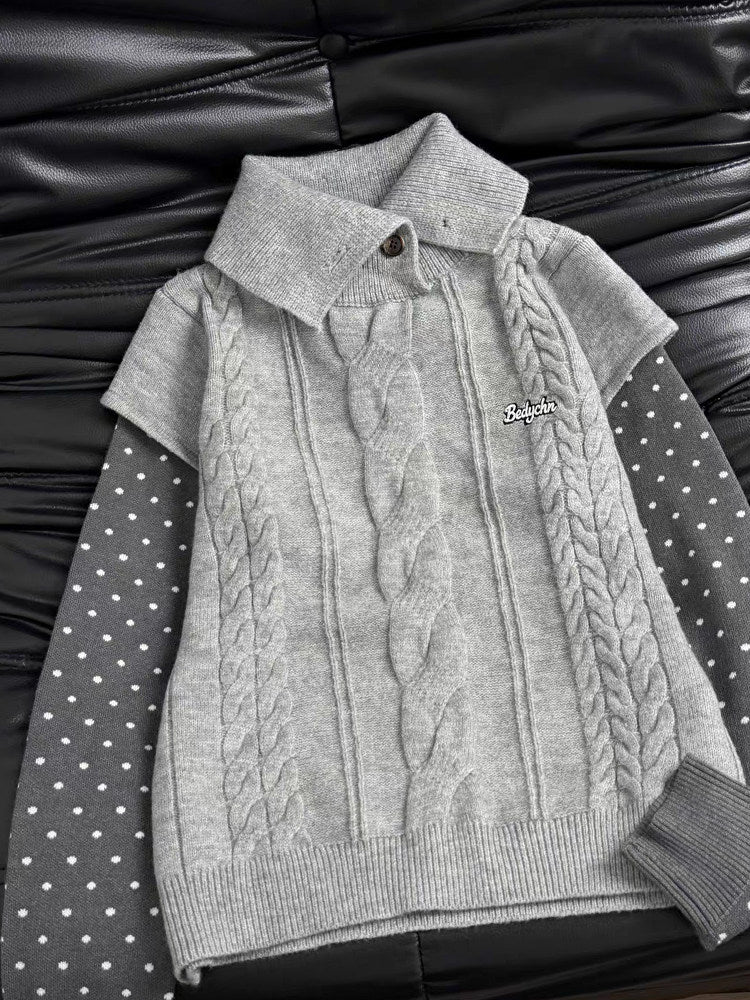 Polka Dot Sleeve Layered Cable Knit Sweater X3726