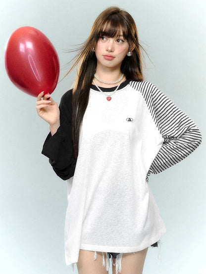 Raglan Sleeve Striped Loose T-Shirt　X3165