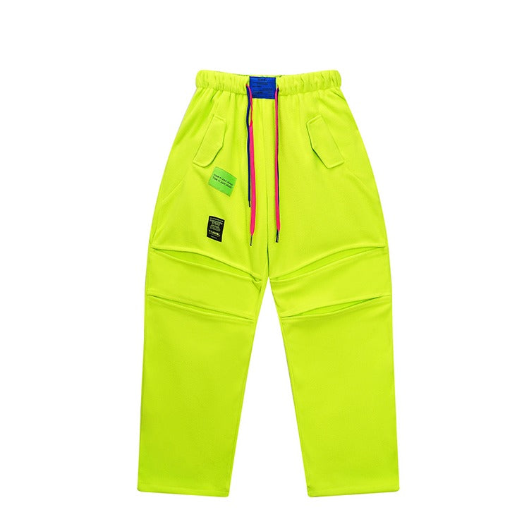 螢光綠撞色拼接抓絨運動褲 X3468