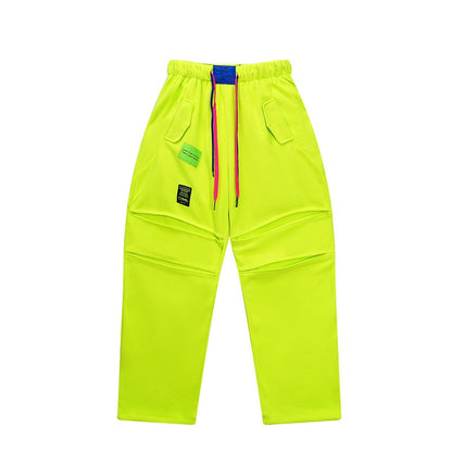 螢光綠撞色拼接抓絨運動褲 X3468