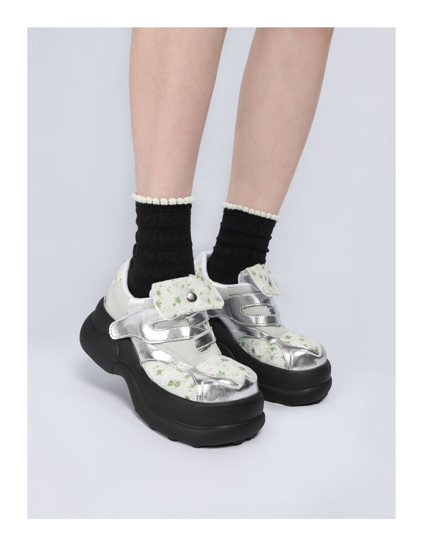 Floral Print & Silver Chunky Platform Velcro Shoes　X3478
