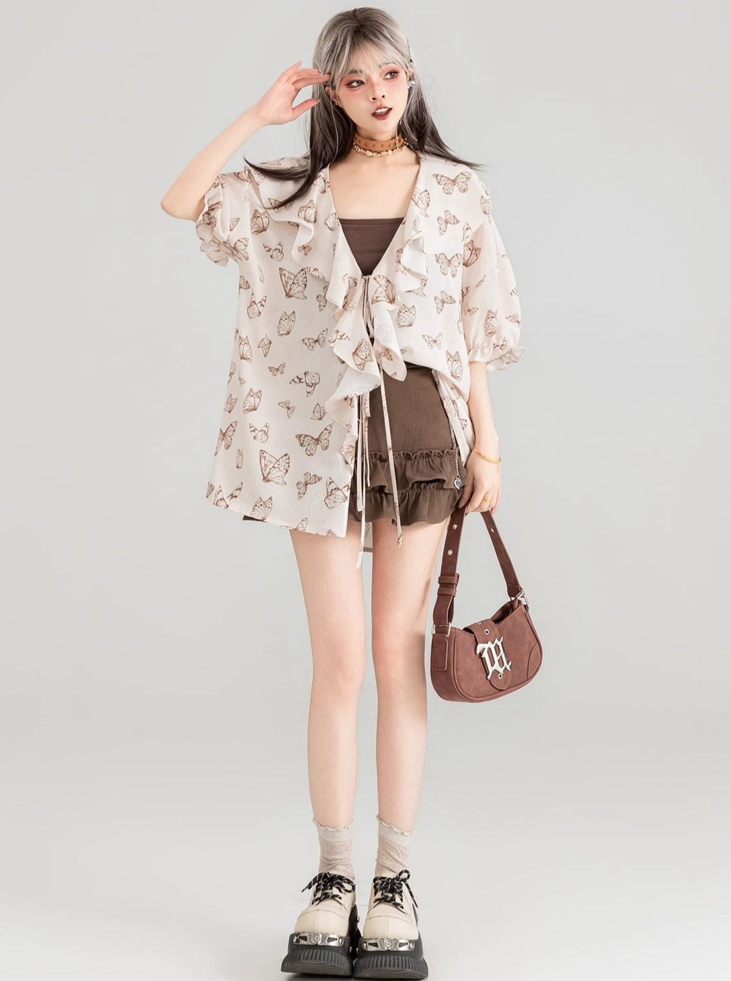 Butterfly print loose lace top X2802