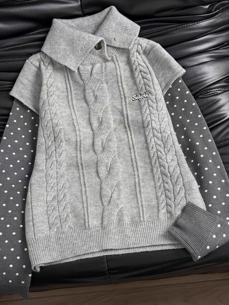 Polka Dot Sleeve Layered Cable Knit Sweater X3726