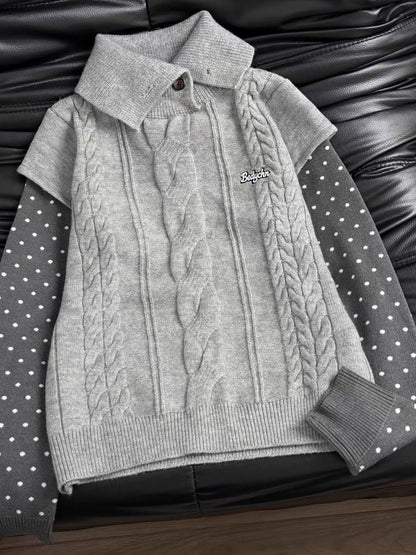 Polka Dot Sleeve Layered Cable Knit Sweater X3726