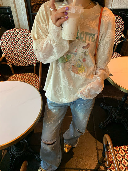 Lace layer design long sleeved t-shirt　X3124