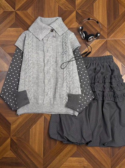 Polka Dot Sleeve Layered Cable Knit Sweater X3726