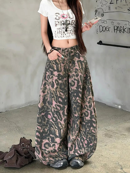 Pink Leopard Balloon Wide Leg Jeans　X3704