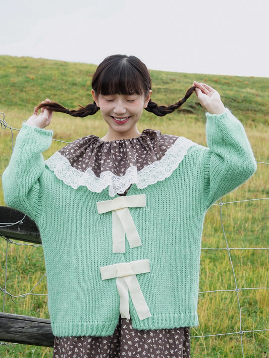 Soft Loose Knit Cardigan with Bow Decoration X3401