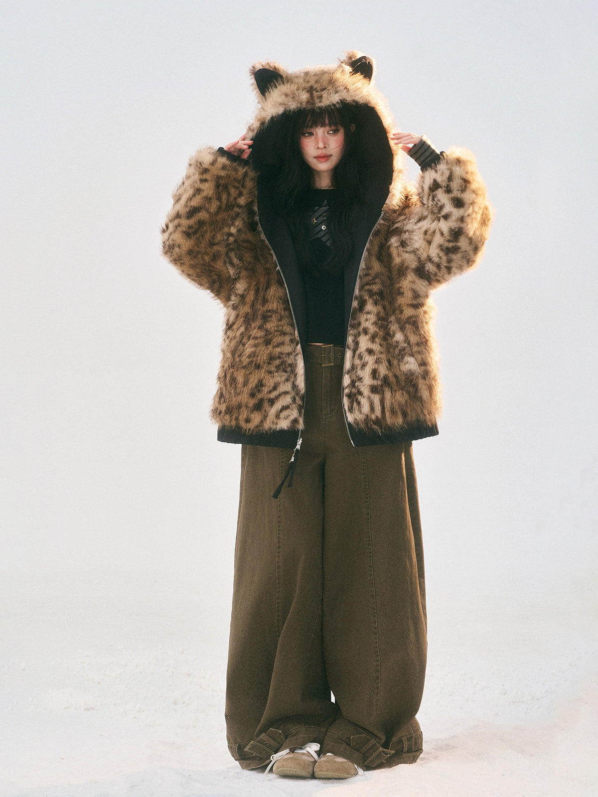 Reversible Leopard Faux Fur Ear Hood Jacket　X3725