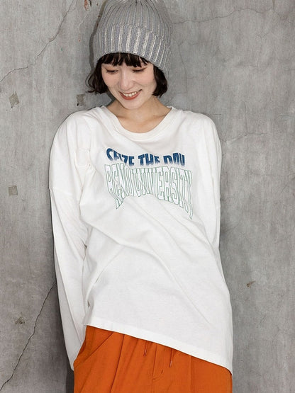 Letter print long sleeve loose T-shirt X3129