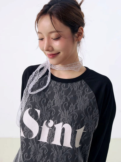 Lace stitching raglan long sleeve T-shirt X3126