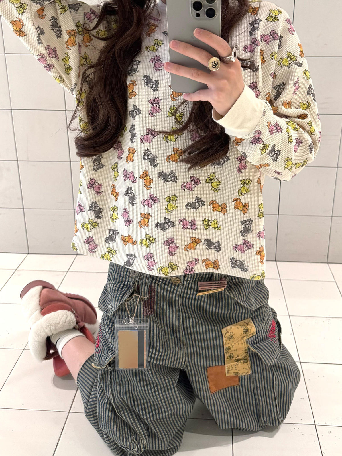 Hickory Stripe Patchwork Wide Cropped Pants　X3706