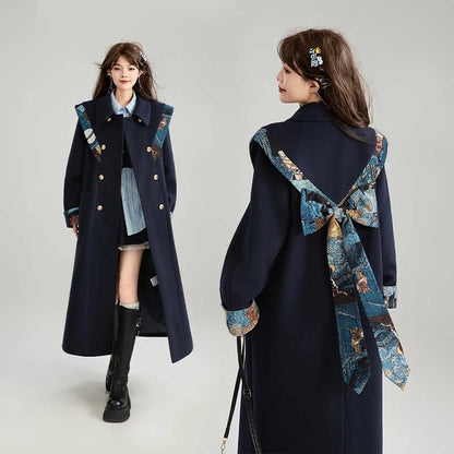 Jacquard Scarf Collar Wool Coat X3674