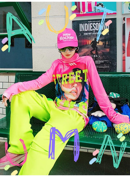 螢光綠撞色拼接抓絨運動褲 X3468