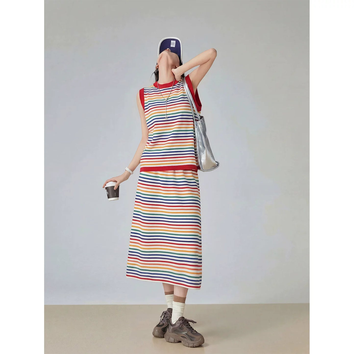 Dopamine Rainbow Stripe Sleeveless Top / Long Skirt