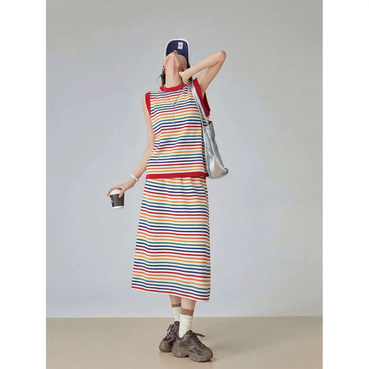 Dopamine Rainbow Stripe Sleeveless Top / Long Skirt